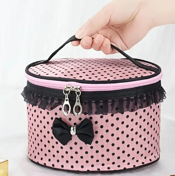 🆕️EXTRA LARGE VINTAGE PINK & BLACK POLKA DOT ZIPPERED COSMETIC BAG WITH POCKETS - Picture 8 of 17